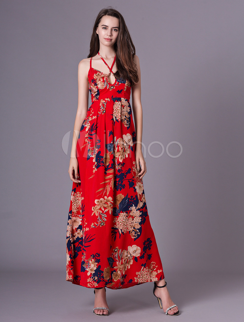 red long floral dress