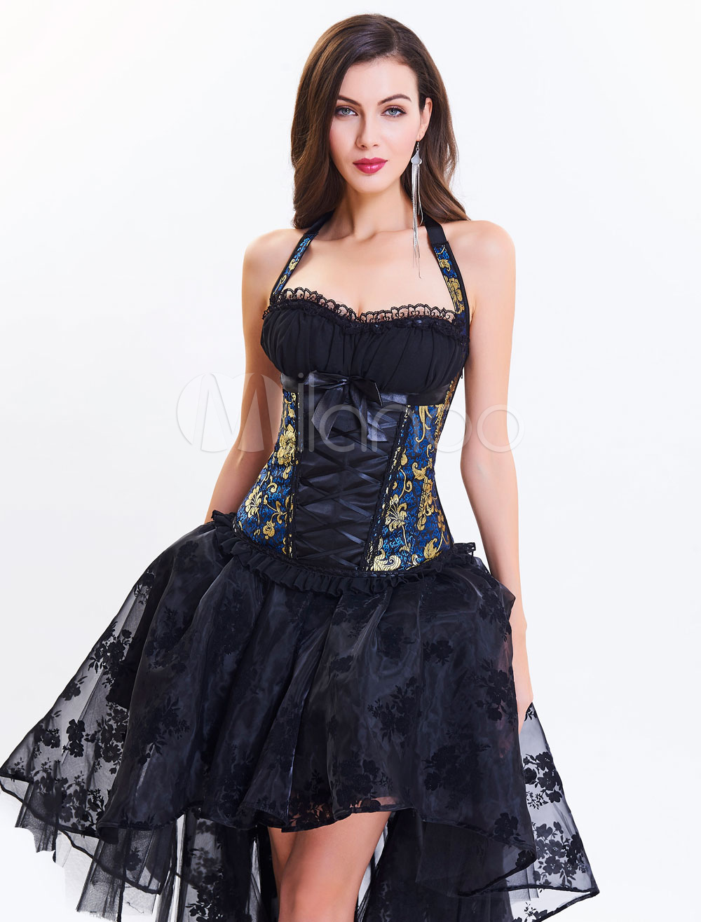 Black Underbust Corset Halter Bow Decor Lace Up Embroidered Shaping ...