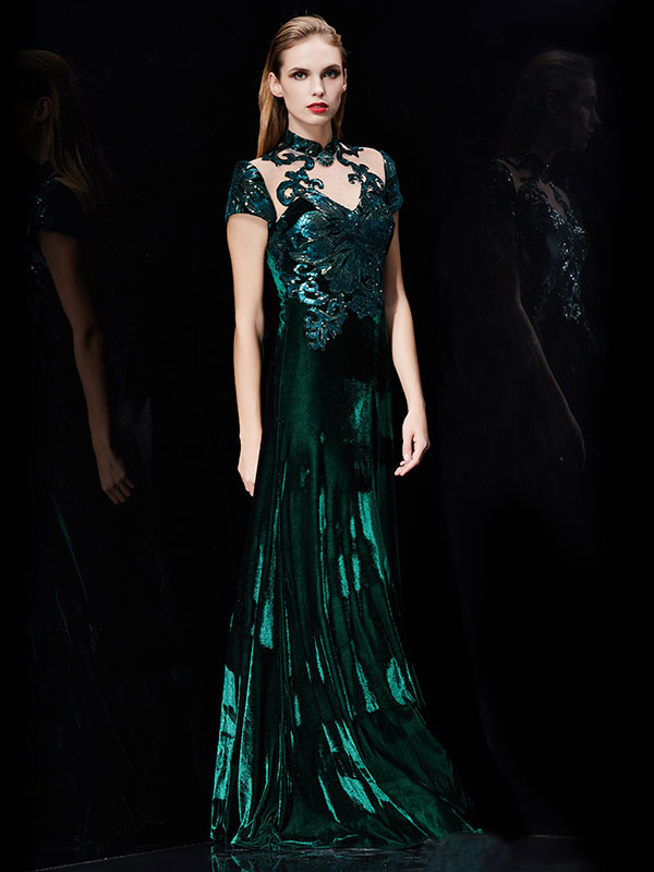 Velvet Evening Dress Illusion Sequin Mother's Dress Dark Green Stand ...