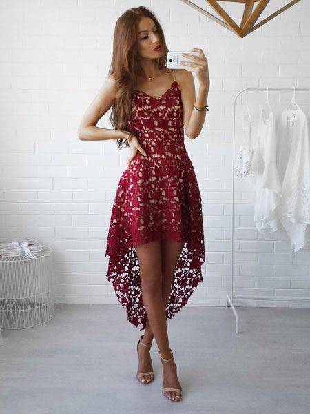Women's Clothing Dresses | White Lace Dress Spaghetti Straps High Low Semi Sheer Short Dress - HJ92937