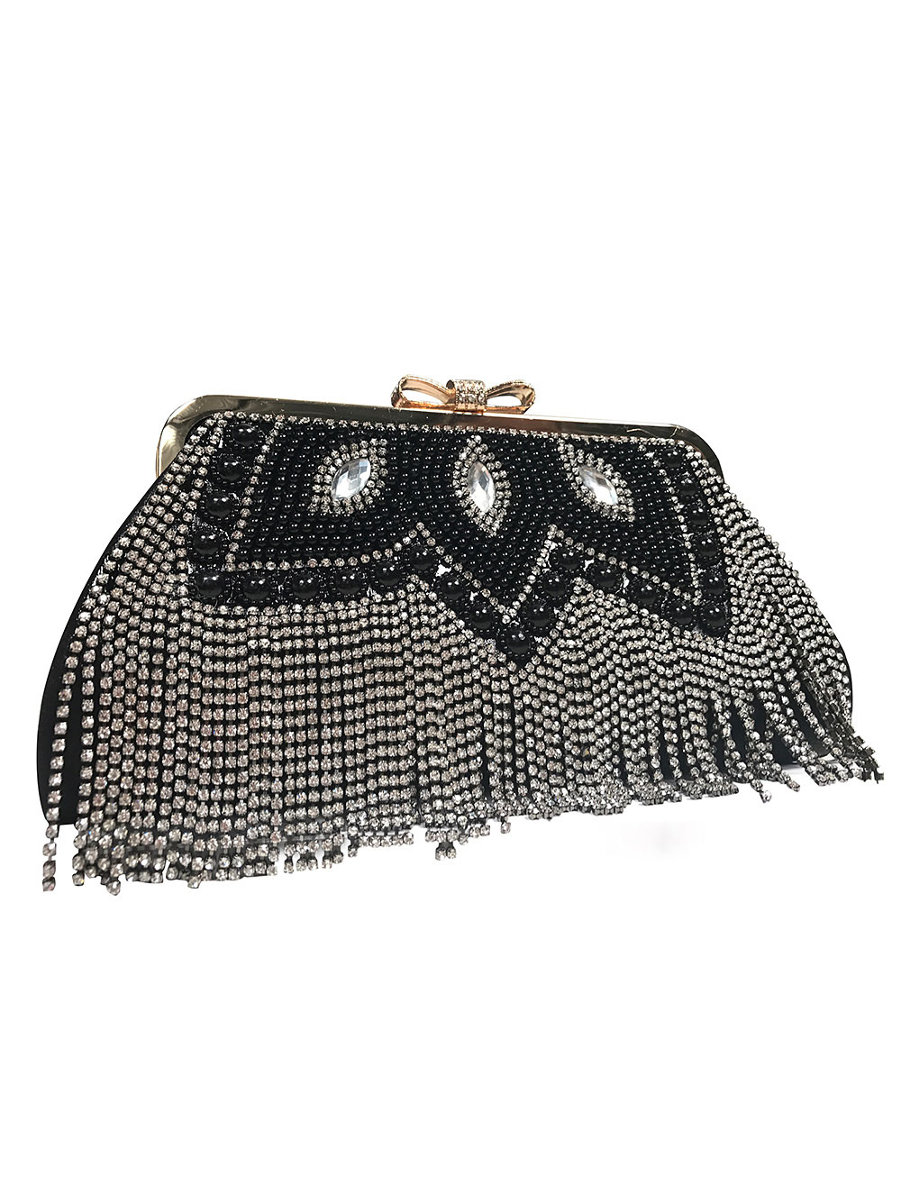 Vintage Wedding Clutches Black Fringe Party Handbags Beading Rhinestone ...