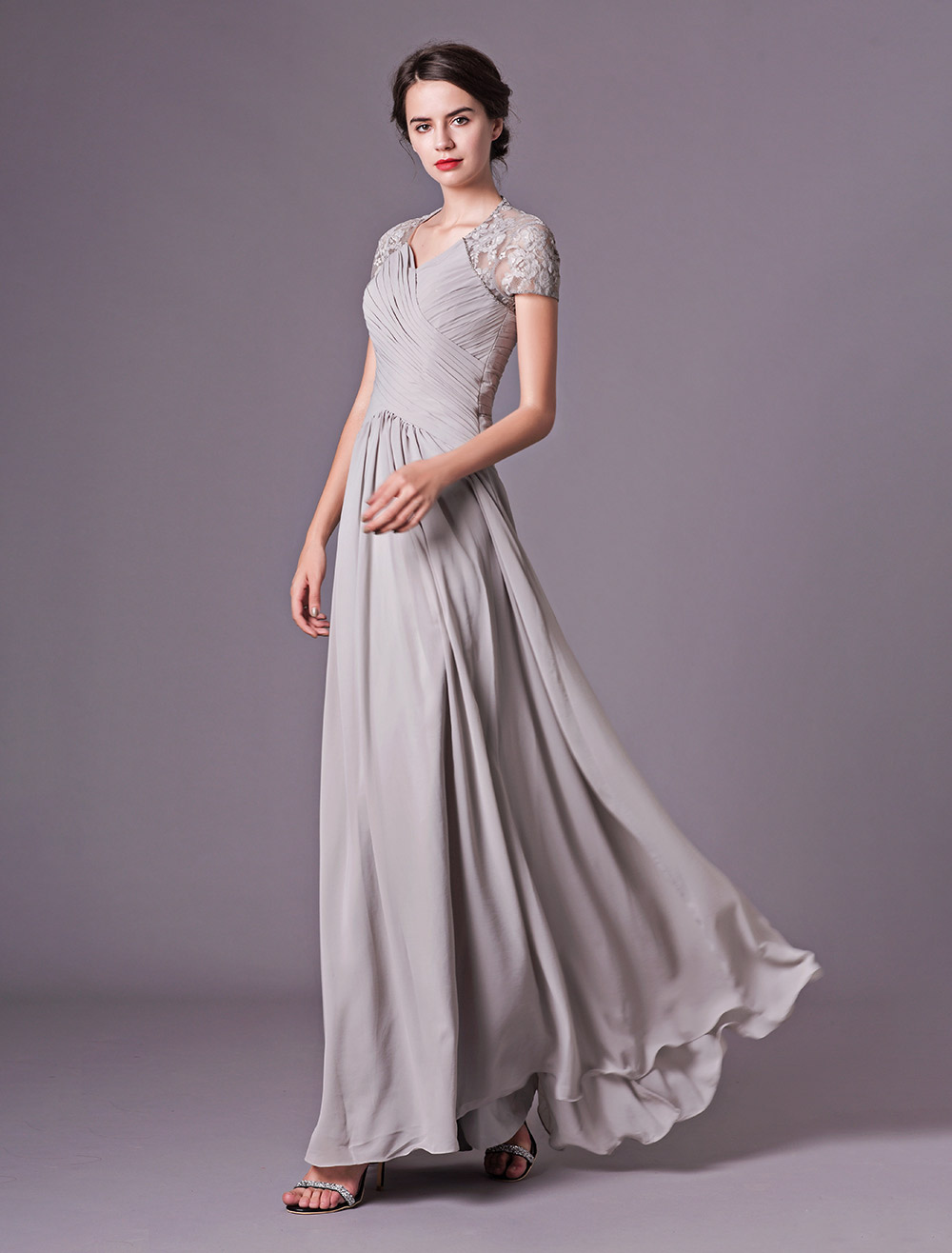 silver evening gowns with sleeves