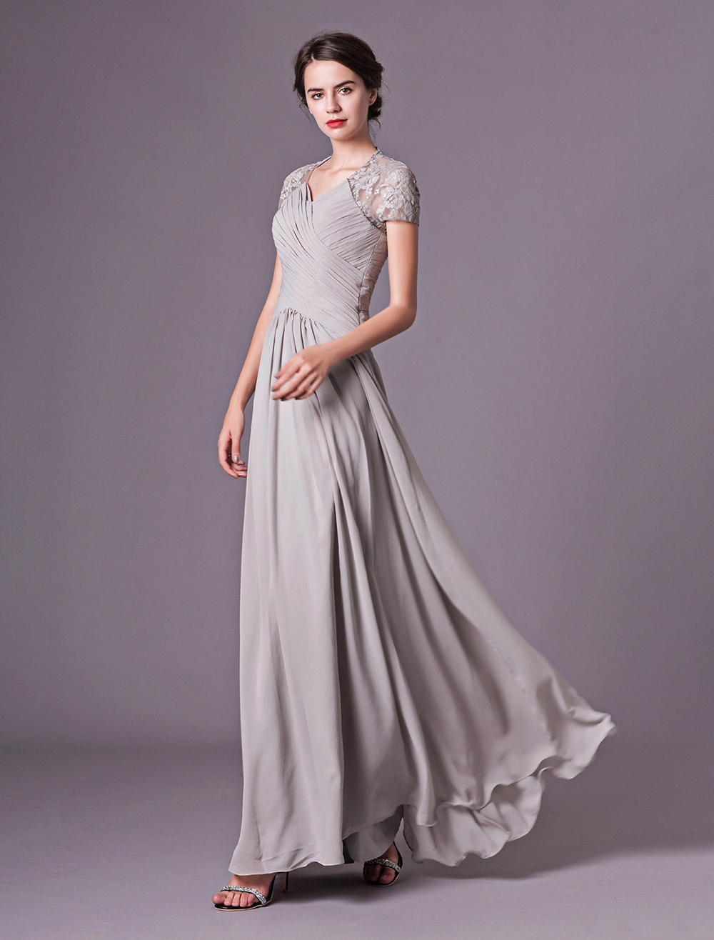 silver lace evening gown