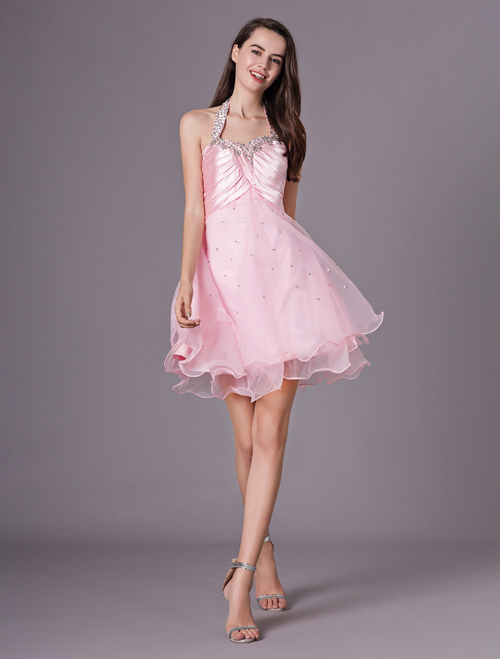 Short Pink Halter Homecoming Dress With Tulle Skirt