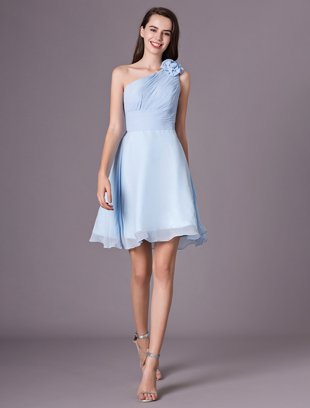 Chiffon Bridesmaid Dress Baby blue One Shoulder Knee Length Flowers ...