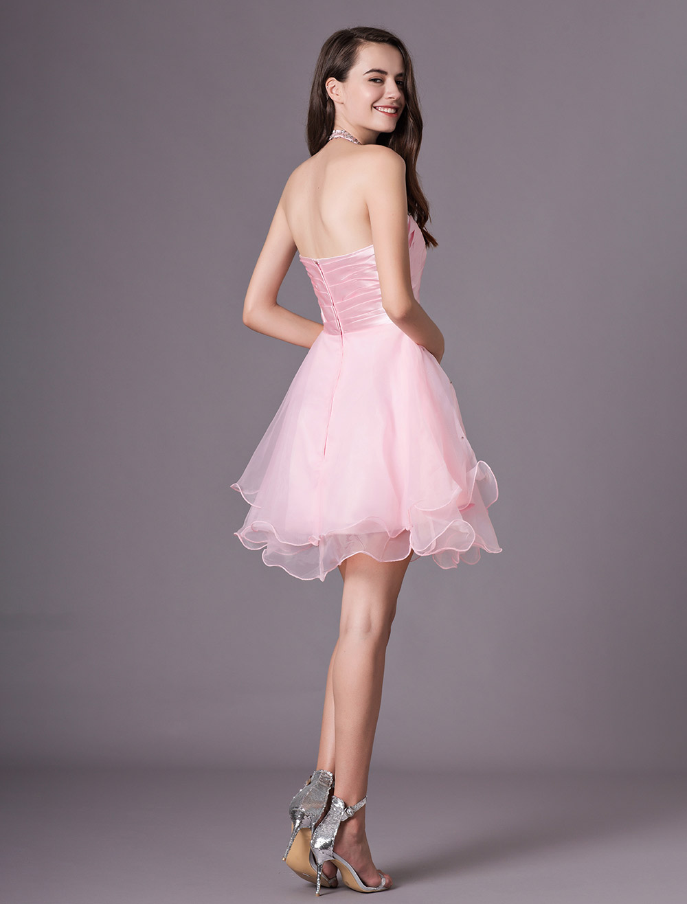 Short Pink Halter Homecoming Dress with Tulle Skirt - Milanoo.com