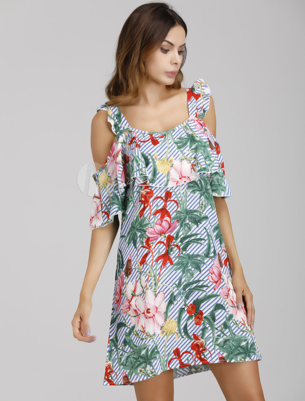 Robe d'été à fleurs et volants à imprimé épaules dénudées