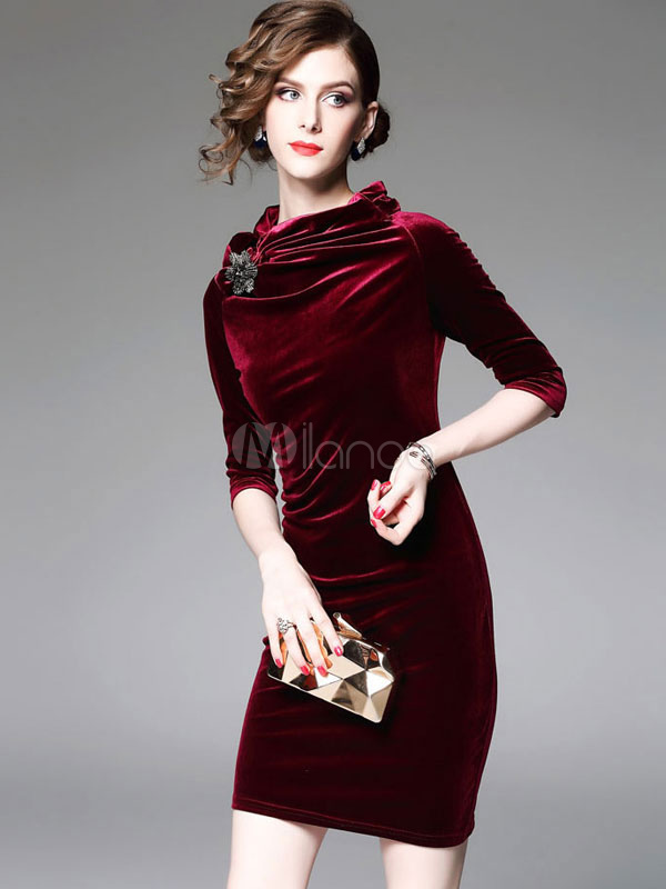Velour Bodycon Dress High Collar 3/4 Length Sleeve 3D Flower Decor ...
