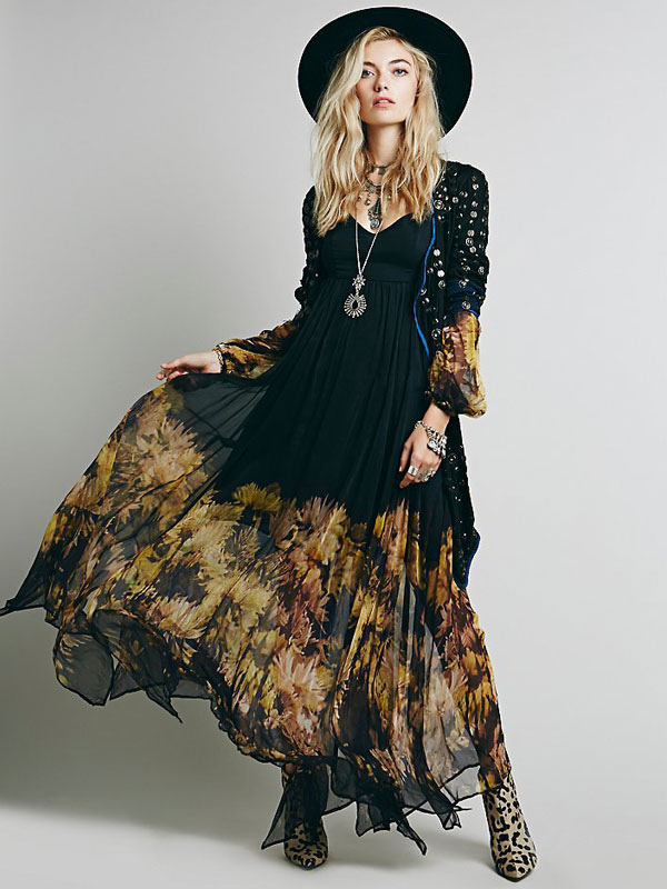 Black Boho Dress Long Sleeve Rayon Maxi Dress - Milanoo.com Gypsy Boho Dress