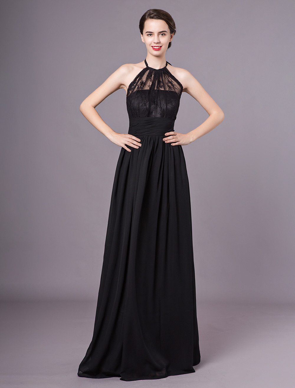 Elegant Black Chiffon Lace Halter Sexy Evening Dress - Milanoo.com