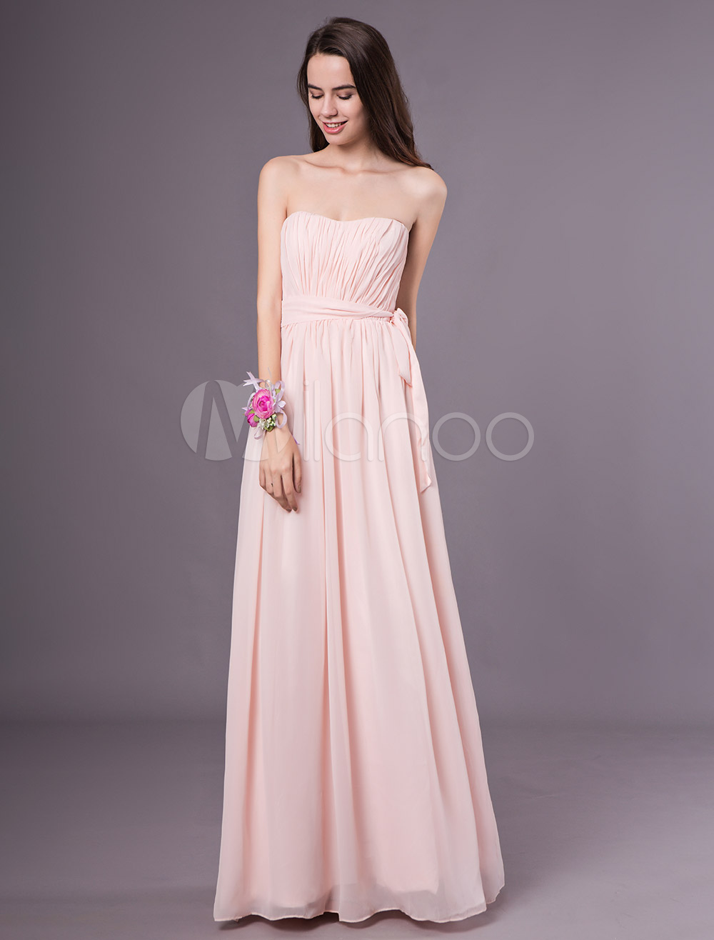 Blush Pink Peach Bridesmaid Dress Strapless Bow Sash Chiffon Maxi Prom ...