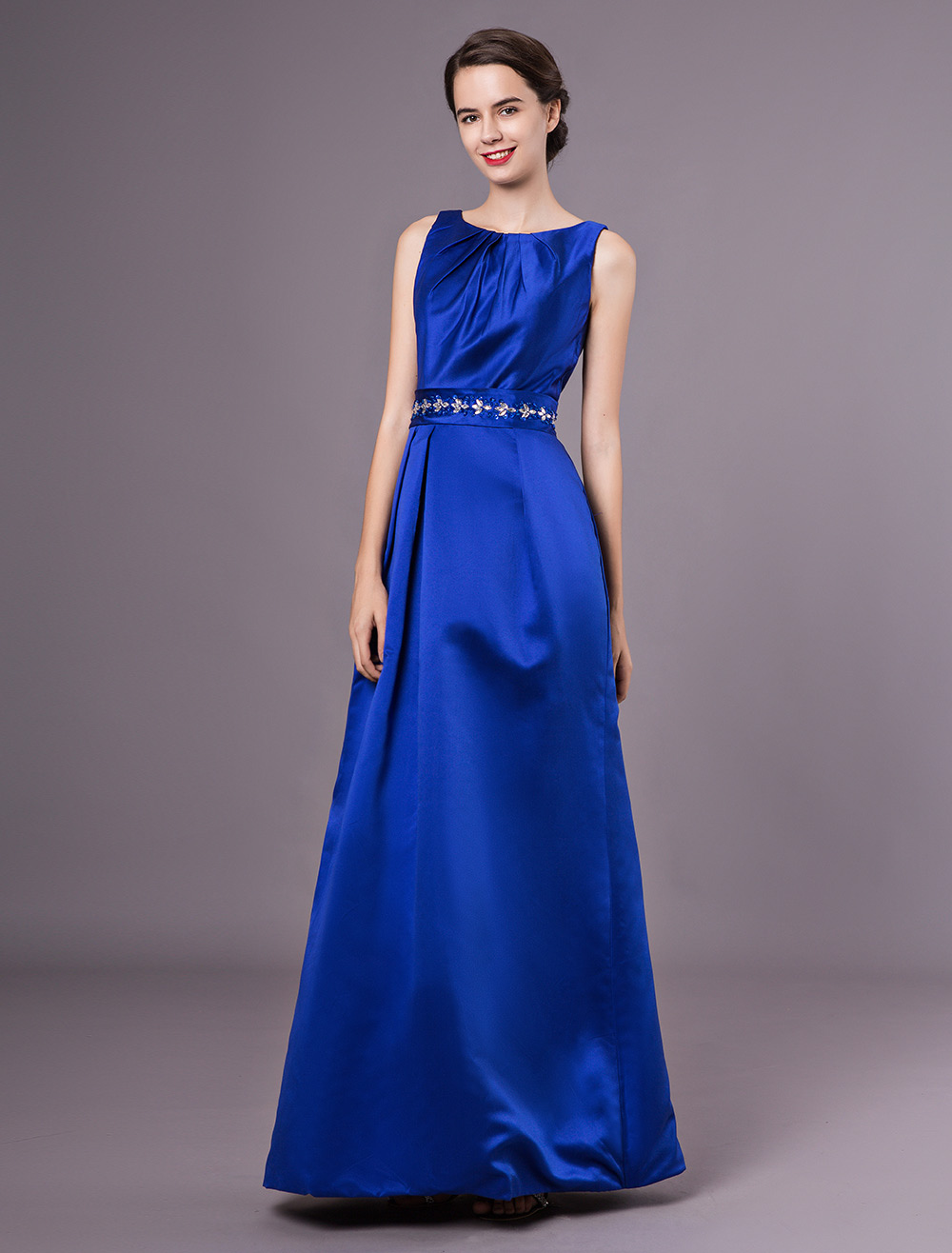 Royal Blue Jewel Sleeveless Floor Length Satin Evening Dresses