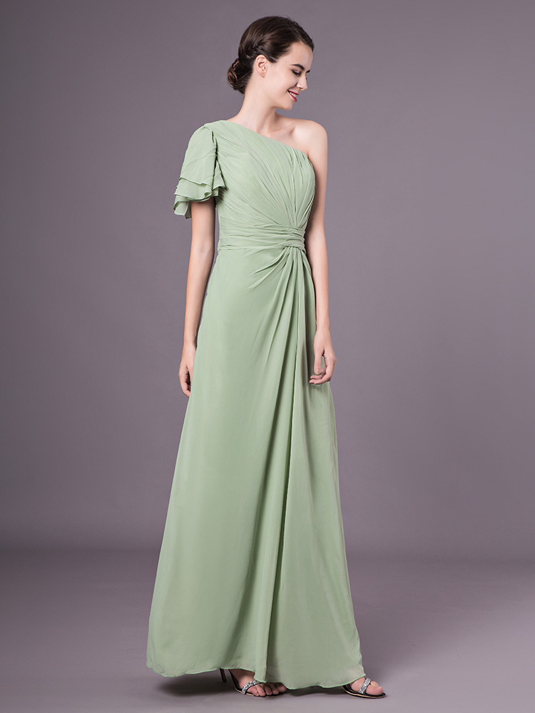 Sage One-Shoulder Floor Length Chiffon Prom Dresses - Milanoo.com