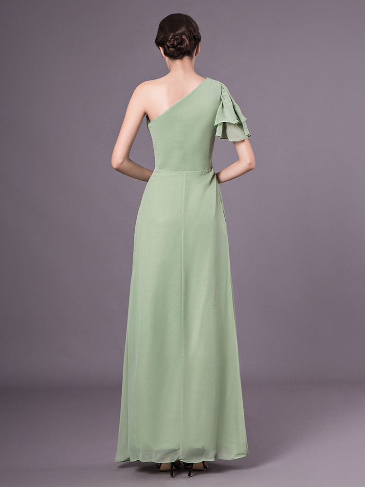 Sage One-Shoulder Floor Length Chiffon Prom Dresses - Milanoo.com