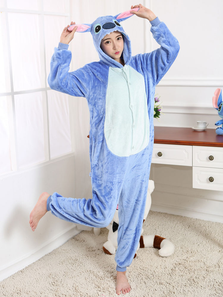 Kigurumi Pajamas Stitch Onesie Blue Flannel Cartoon Sleepwear For Adult Unisex With Zipper Back Costume Halloween - Costumeslive.com