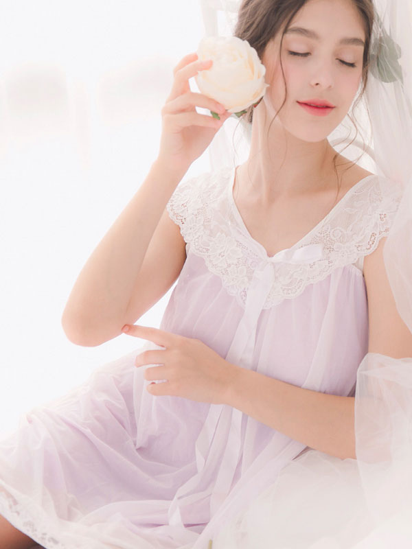 セクシーな寝間着ナイトガウンレースvネック半袖弓tulle Nightwear Milanoo Jp