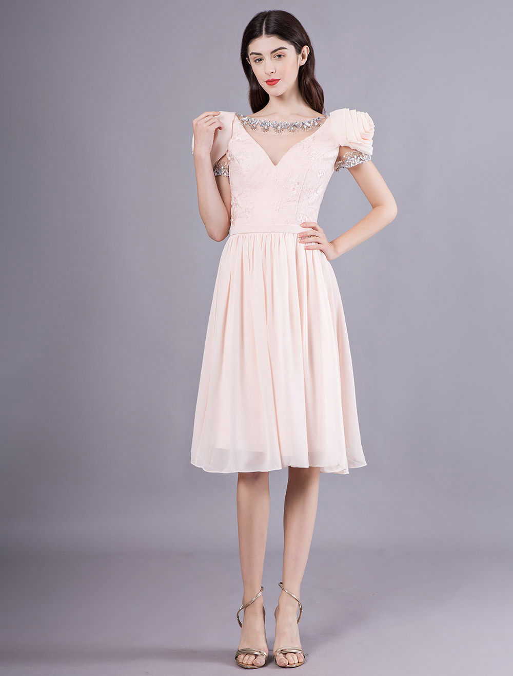 Nude Applique Chiffon Puff Sleeves Short Fashion Cocktail Dress