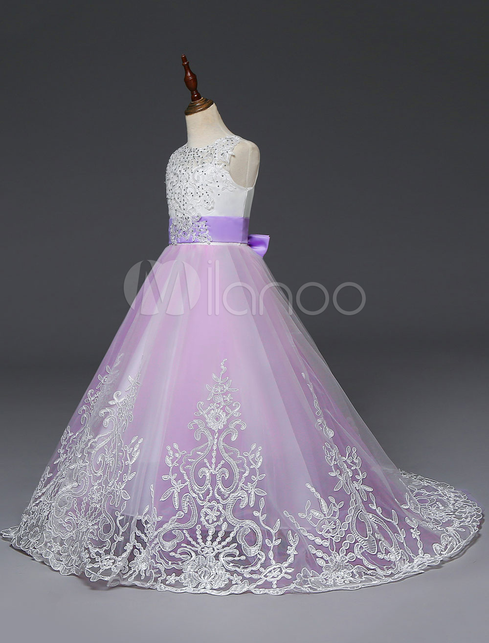 Princess Flower Girl Dresses Kids Lace Lilac Beading Bows Girls Pageant ...