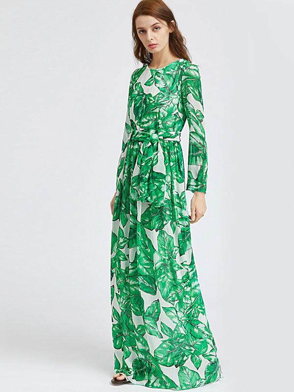Green Maxi Dress Chiffon Long Sleeve Printed Lace Up Long Dress For ...