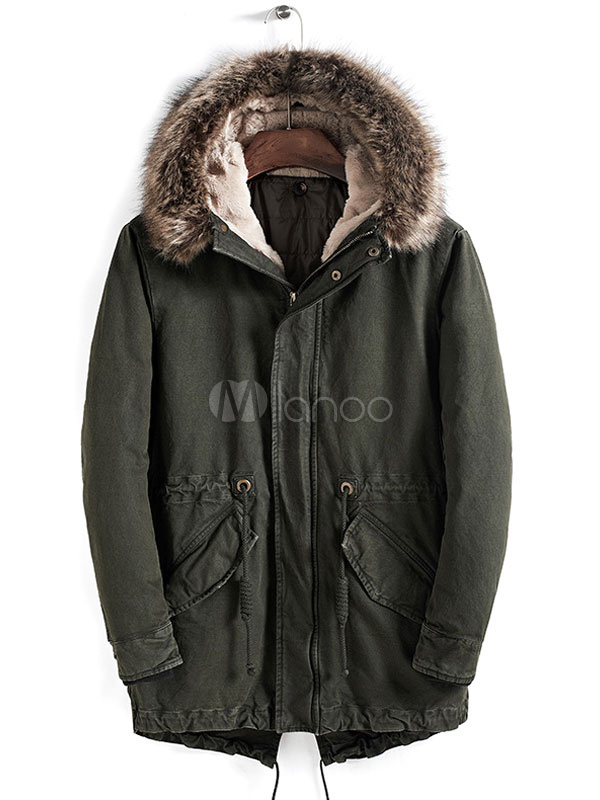 Men's Hooded Parka Faux Fur Lining Hunter Green Casual Winter Coat ...
