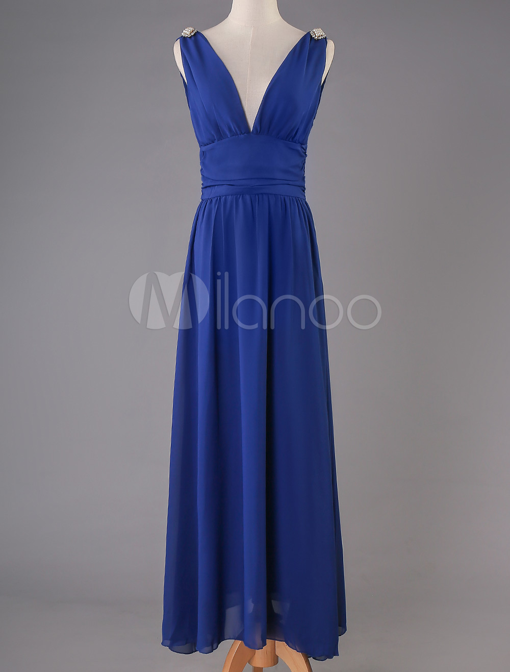 Blue Long Dress V Neck Sleeveless Chiffon Backless Maxi Dresses For ...