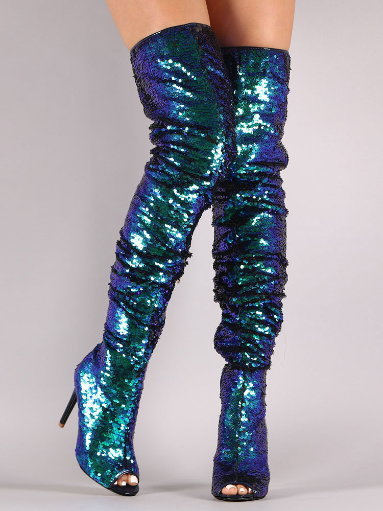 Sequins Women/'s Over Knee Boots Thigh High Slouchy Open Toe Stiletto Performance