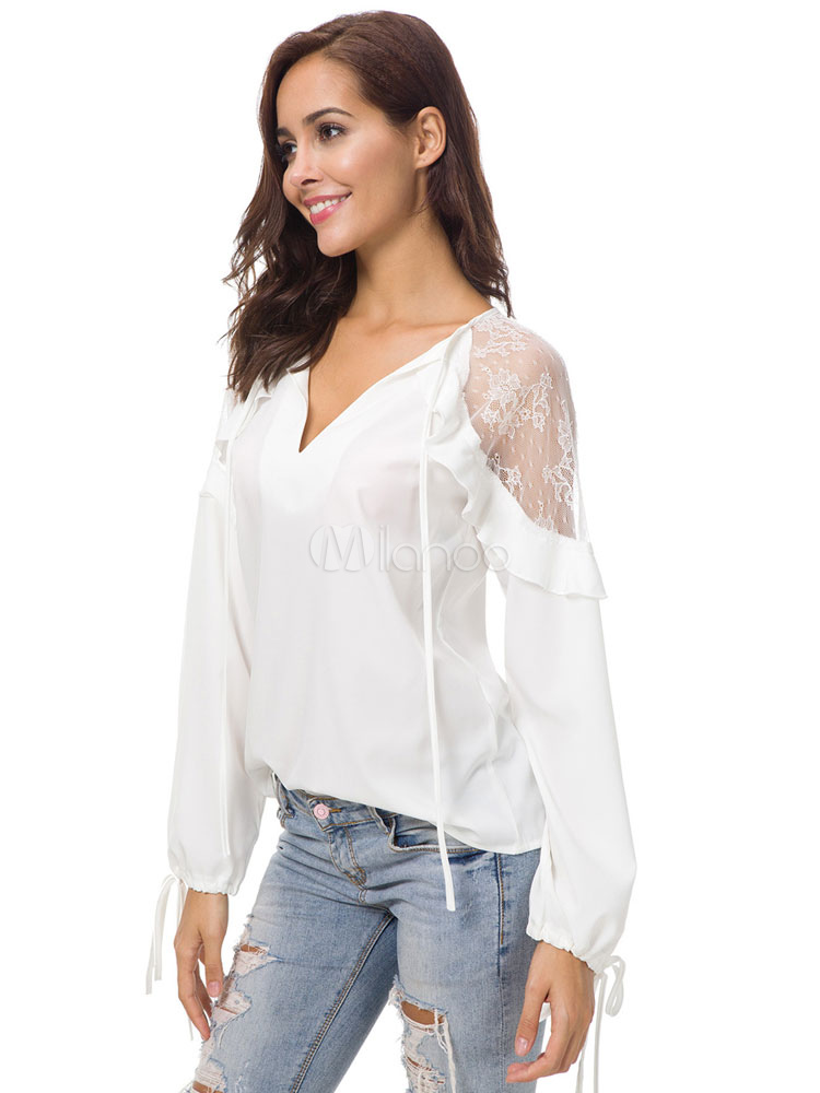 Women White Blouses Lace V Neck Long Sleeve Ruffles Knotted Chiffon Top ...