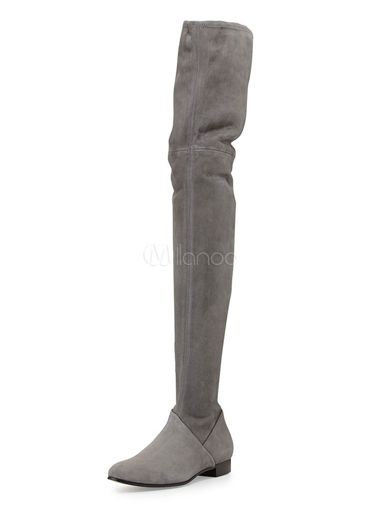 grey flat thigh high boots