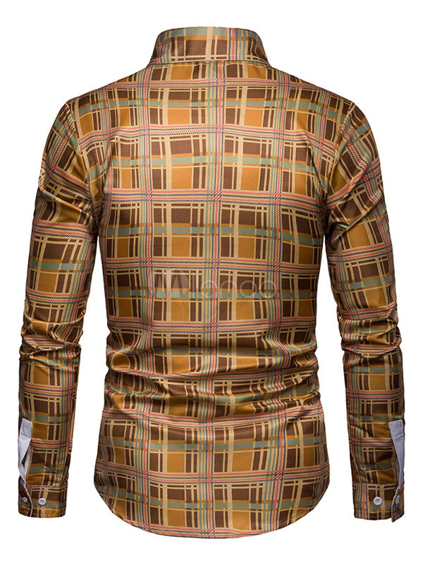 Men Brown Shirt Plaid Button Down Long Sleeve Casual Shirt - Milanoo.com