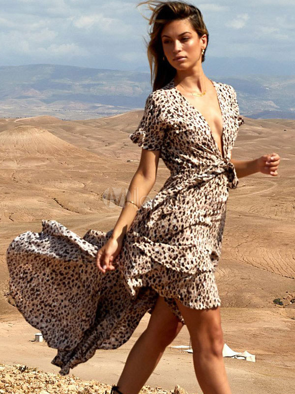 Vestiti Lunghi Maculato Abiti Lunghi maniche corte in chiffon stampa di  leopardo Vestiti Lunghi Eleganti con fondo asimmetrico pieghettature -  Milanoo.com