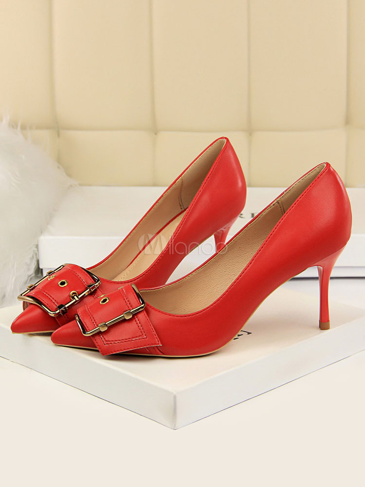 Pink High Heels Women Dress Shoes Pointed Toe Buckle Detail Slip On ...