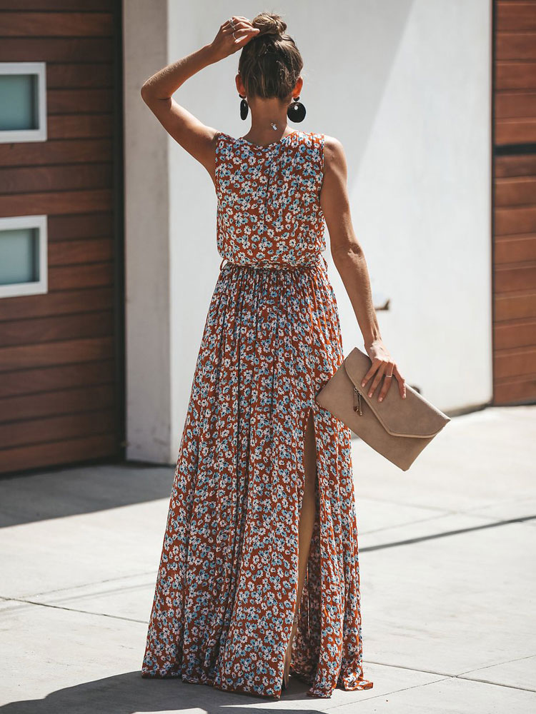 Floral Maxi Dress Sleeveless V Neck Split Summer Dress - Milanoo.com