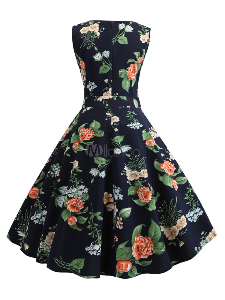 Floral Vintage Dress Sleeveless Bows Pleated Retro Dress