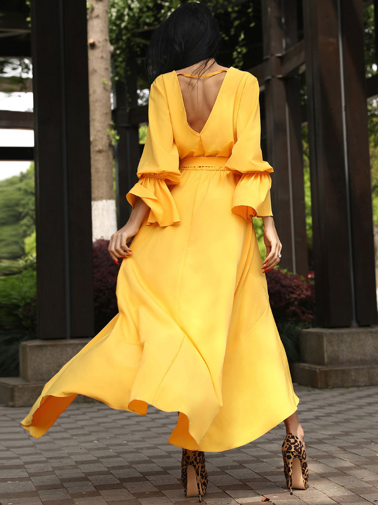 Yellow Maxi Dress Long Sleeve Plunging Cut Out Irregular Long Dress ...