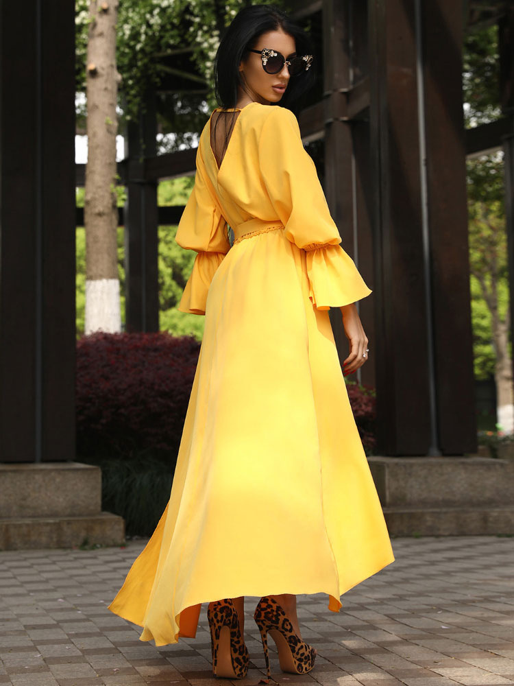 Yellow Maxi Dress Long Sleeve Plunging Cut Out Irregular Long Dress ...