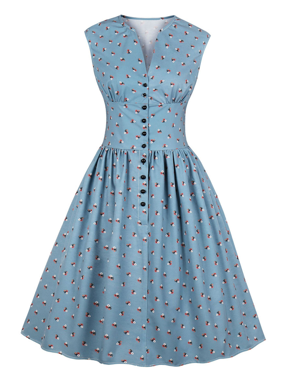 Mode Femme Robes | Robes de Vintages 1950s Femmes Courtes Imprimés sans Manches Coupe Cintrée avec Boutons Bas Evasée Bicolores Robes de Rétros - SV00363