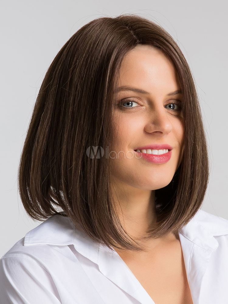 Human Hair Wigs Brown Layered Side Parting Short Straight Hair