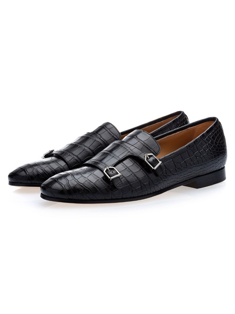 Zapatos de hombre | Zapatos negros de monje de piel de vaca punta redonda con hebilla y detalle de cordones en mocasines para hombres - YF46917