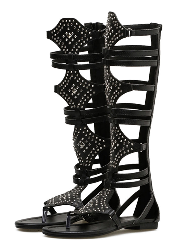 Black Thong Gladiator Sandals Flat Beaded Sandals for Women - Milanoo.com