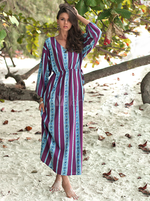 Abito lungo a maniche lunghe con scollo a V Vestito estivo stampato  trapuntato a righe viola - Milanoo.com