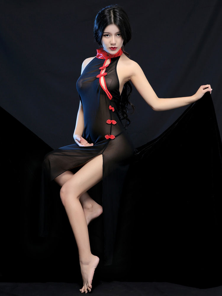 Qipao Dress Sexy Chinese Costume Black Night Lingerie Halloween