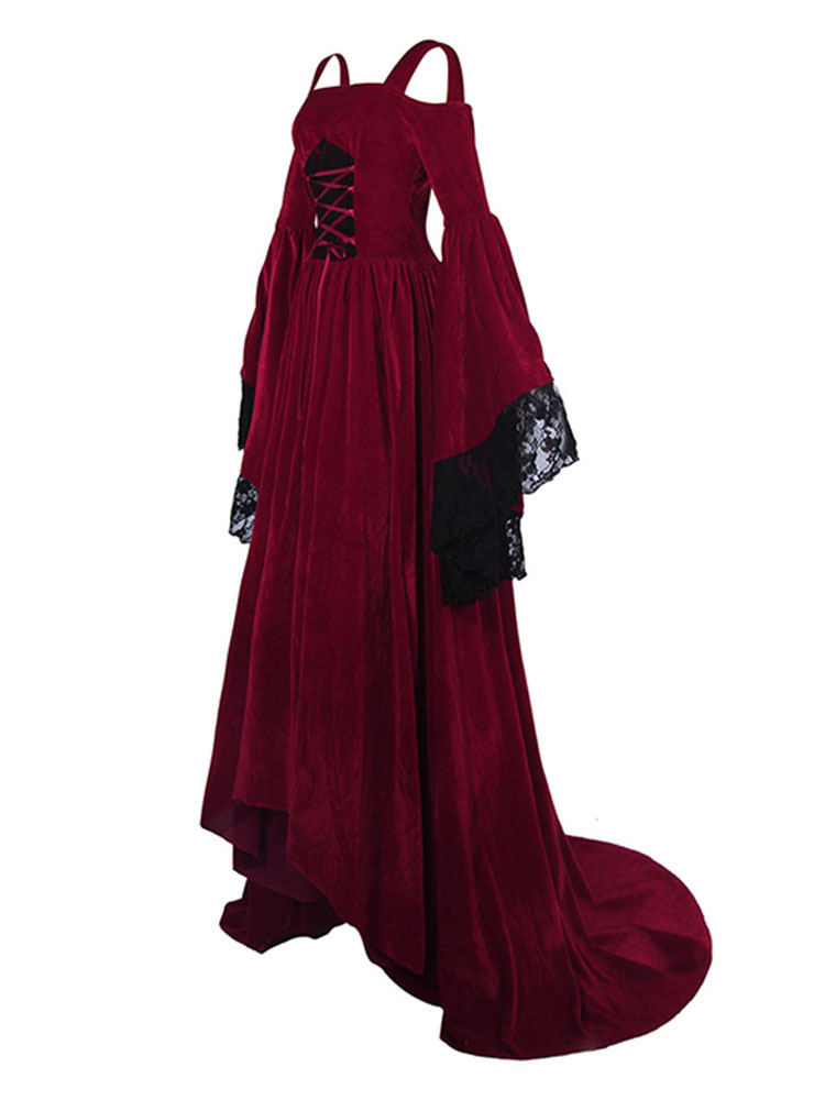 Costumes Costumes | Victorian Dress Costume Medieval Renaissance Velour Royal Red Strap Long Trumpet Sleeves Women's Shift Dress