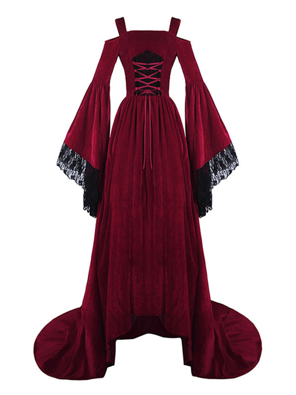 Costumes Costumes | Victorian Dress Costume Medieval Renaissance Velour Royal Red Strap Long Trumpet Sleeves Women's Shift Dress