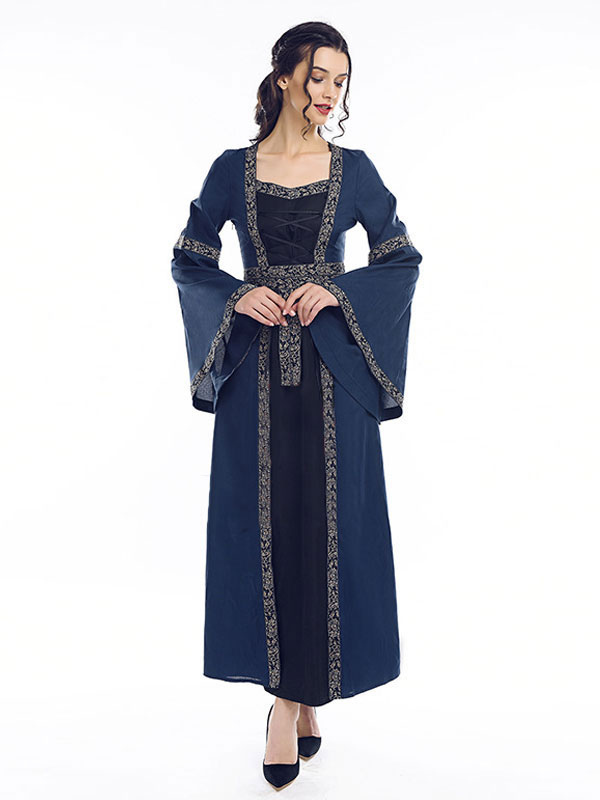 Costumes Costumes | Victorian Princess Dress Retro Long Trumpet sleeve dark Navy Square neckline Medieval Renaissance Gown Hallo