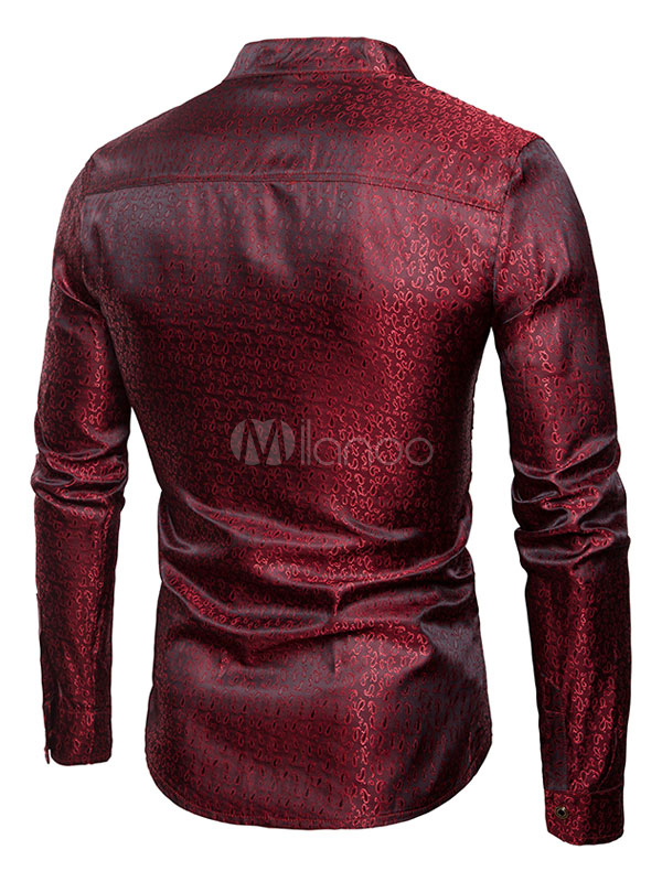Burgundy Dress Shirt Designed Neckline Patterned Long Sleeve Shirt For
