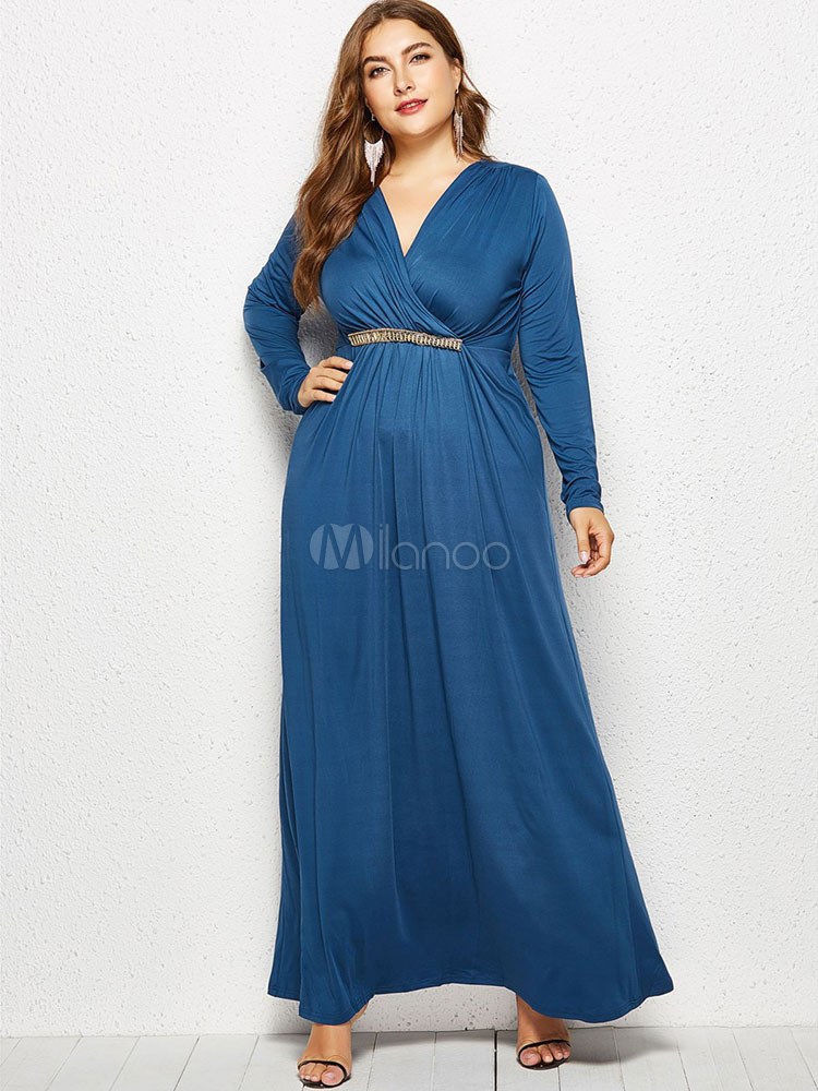 Plus Size Maxi Dress Long Sleeve V Neck Metal Details Ruched Oversized ...