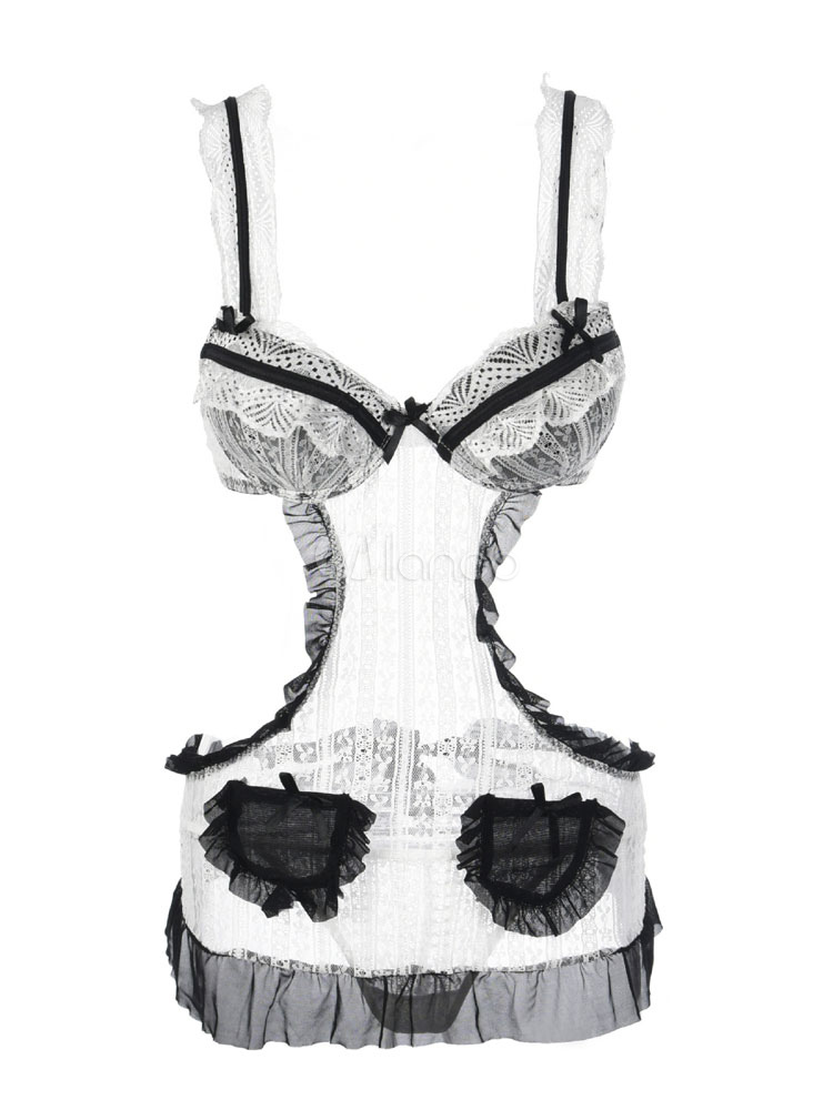 Sexy Maid Costume Lace Ruffles Bows Nightwear Sexy Lingerie With Panties