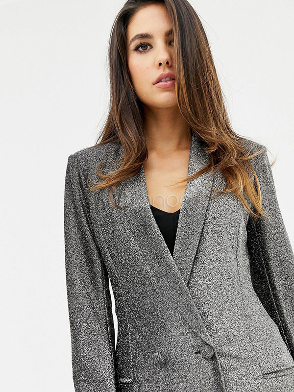 Grey Blazer Jacket Women Long Slevee Turndown Collar Split Casual