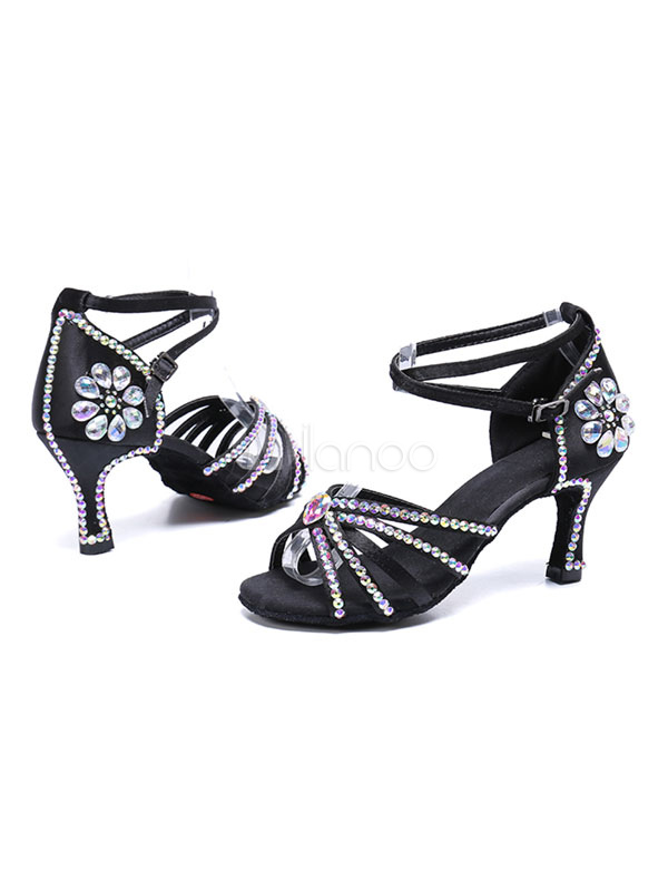 Latin Dance Shoes Black Open Toe Rhinestones Criss Cross Ballroom Shoes