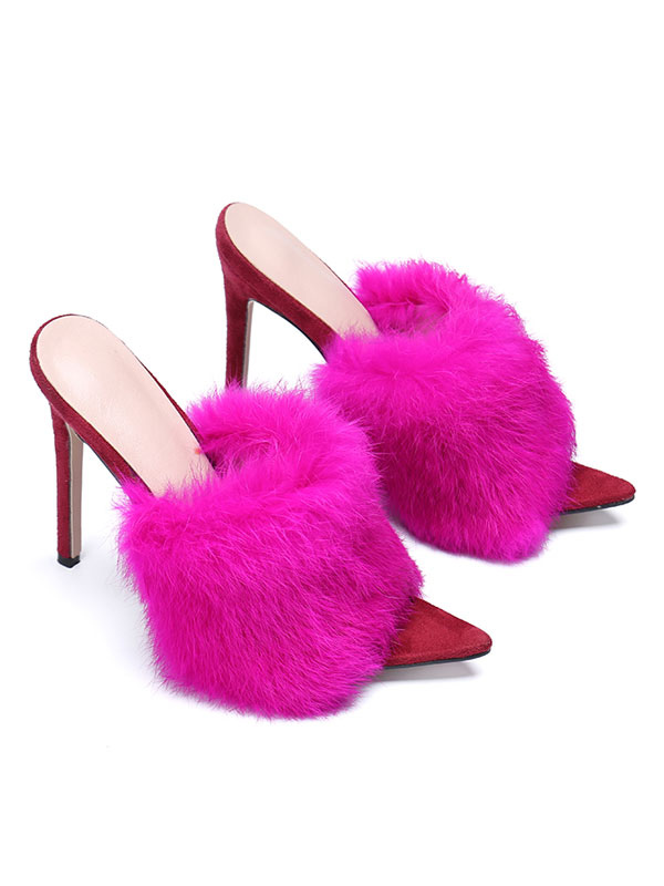 High Heel Mules Women Peep Toe Fur Detail Stiletto Mule Shoes - Milanoo.com